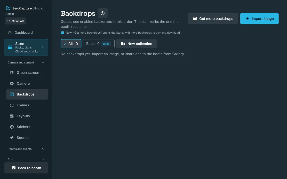 The Backdrops section of admin, with Get more backdrops, Import image and New collection, on a large screen in landscape.