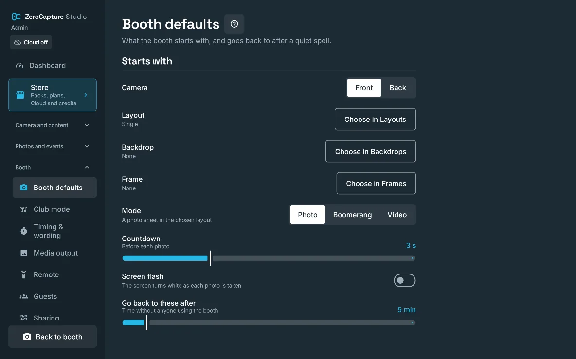 Booth defaults in admin: the camera, layout, backdrop, frame and mode the booth starts with, the countdown, the screen flash and what guests can change, on a large screen in landscape.