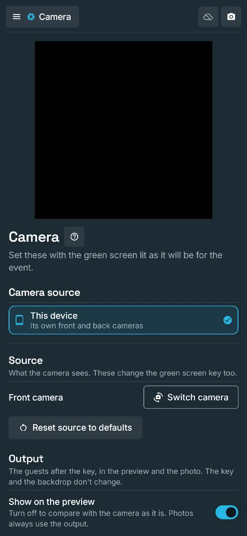 The Camera section of admin: the camera preview, front or back camera, and the output look with presets such as Greyscale, Noir and Moody, on a phone.