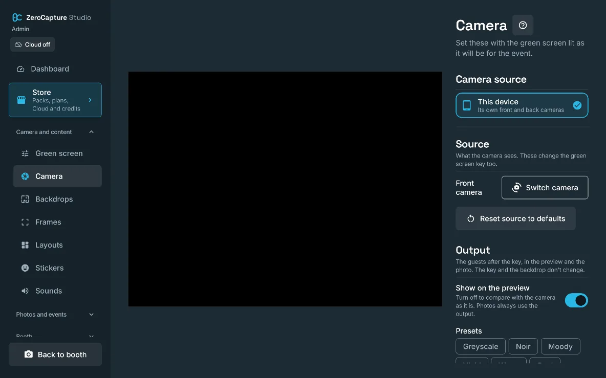 The Camera section of admin: the camera preview, front or back camera, and the output look with presets such as Greyscale, Noir and Moody, on a large screen in landscape.