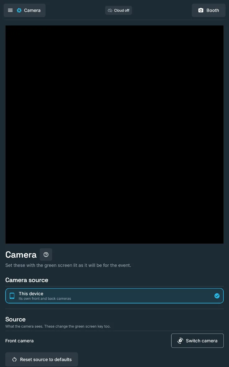 The Camera section of admin: the camera preview, front or back camera, and the output look with presets such as Greyscale, Noir and Moody, on a large screen in portrait.