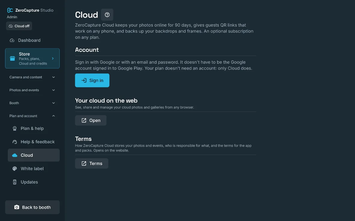 The Cloud section of admin, with Sign in and the terms, on a large screen in landscape.