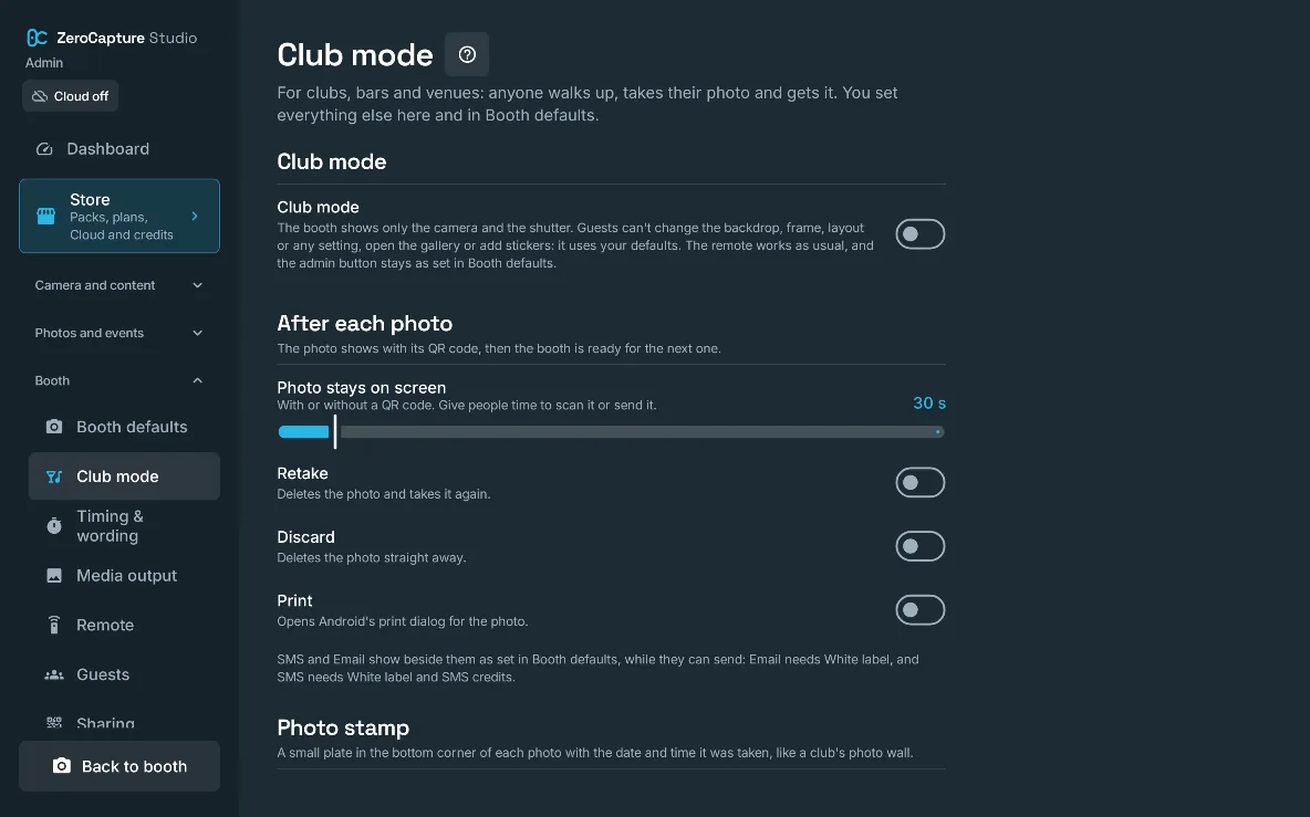 The Club mode section of admin: the Club mode switch, how long the photo stays on screen, Retake, Discard and Print switches, and the photo stamp, on a large screen in landscape.