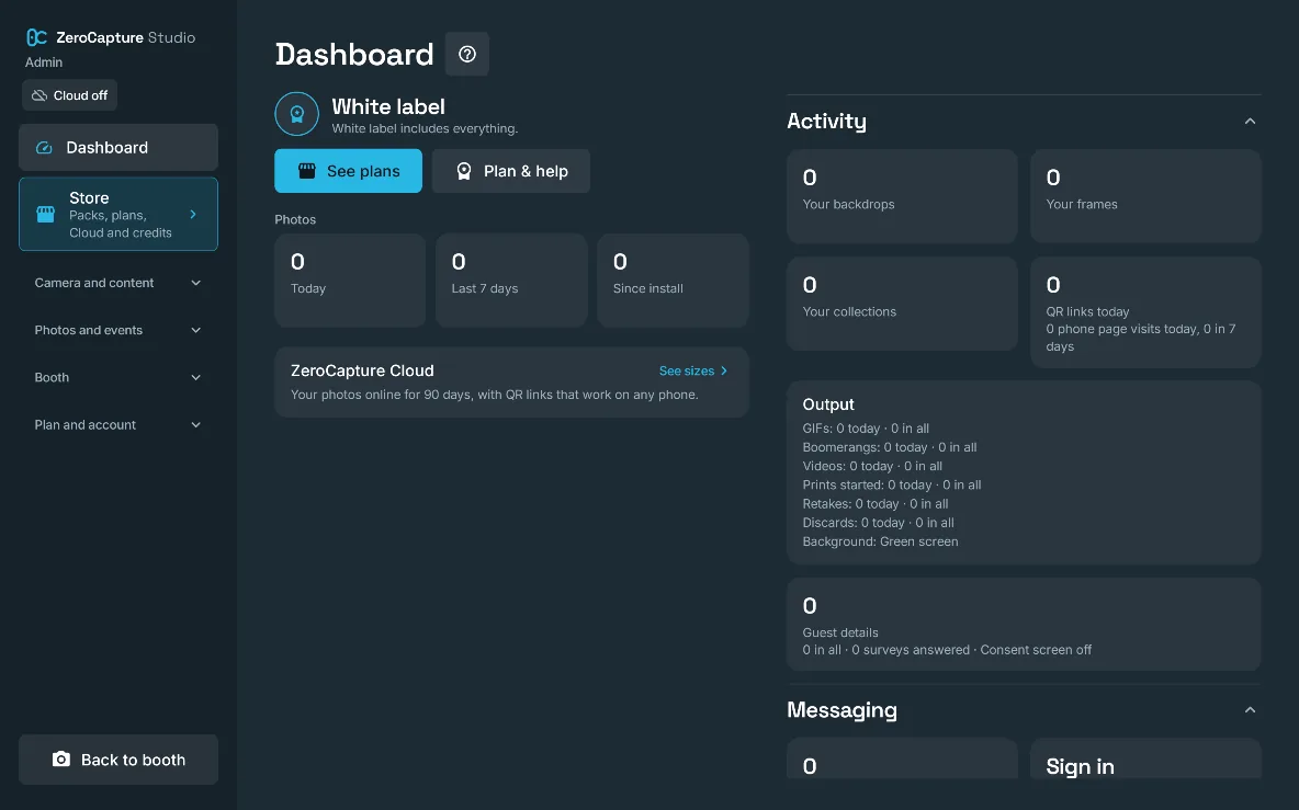 The admin Dashboard: the plan, photo counts for today, the last 7 days and since install, and activity, output and messaging counts, on a large screen in landscape.