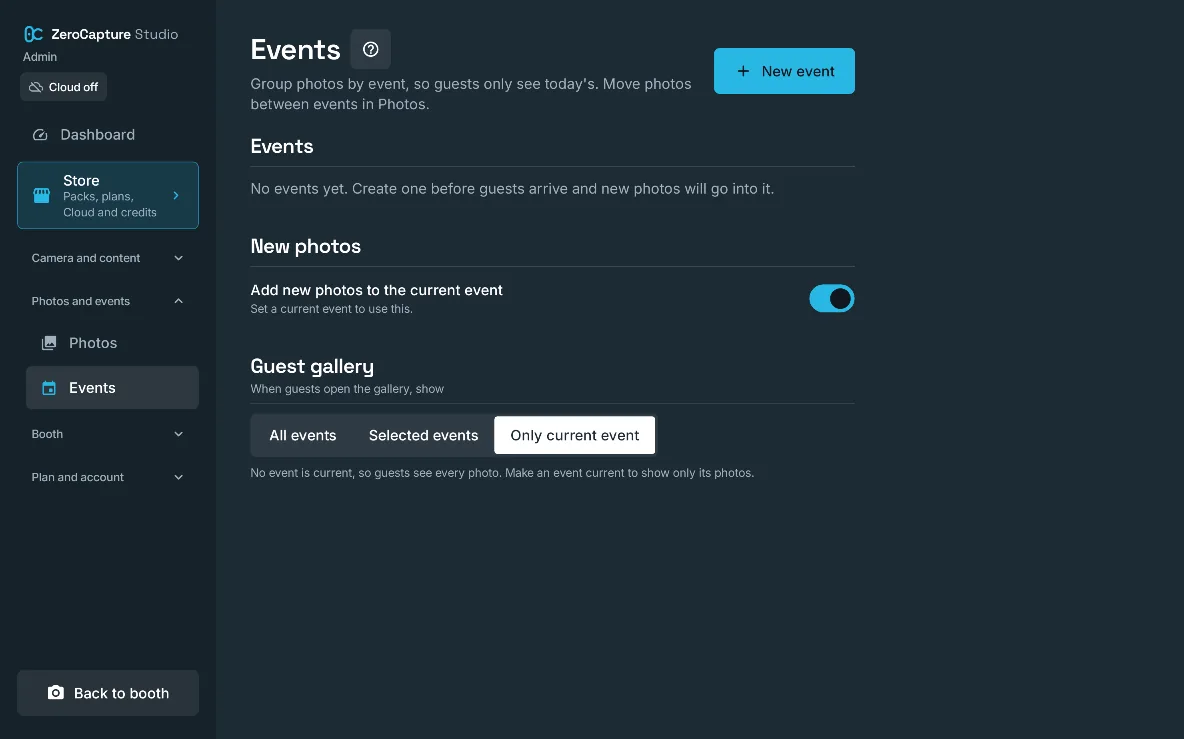 The Events section of admin, with New event, a switch to add new photos to the current event, and which events the guest gallery shows, on a large screen in landscape.