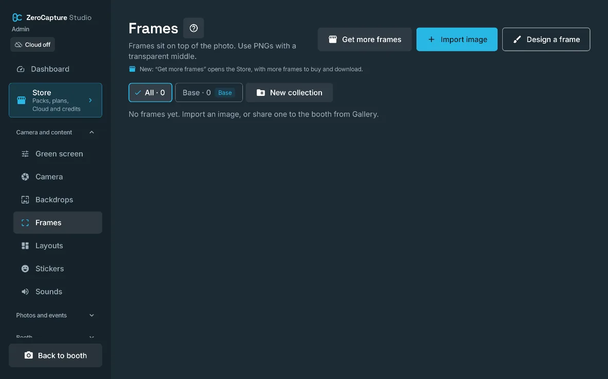 The Frames section of admin, with Get more frames, Import image and New collection, on a large screen in landscape.