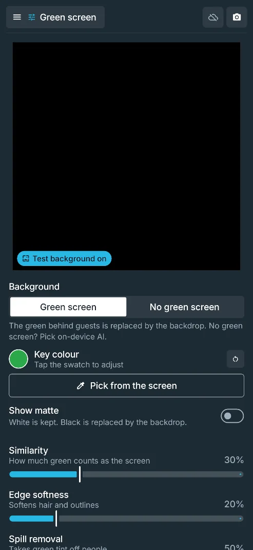 The Green screen section of admin: a preview, Green screen or No green screen, the key colour, Pick from the screen, Show matte and the Similarity, Edge softness and Spill removal sliders, on a phone.
