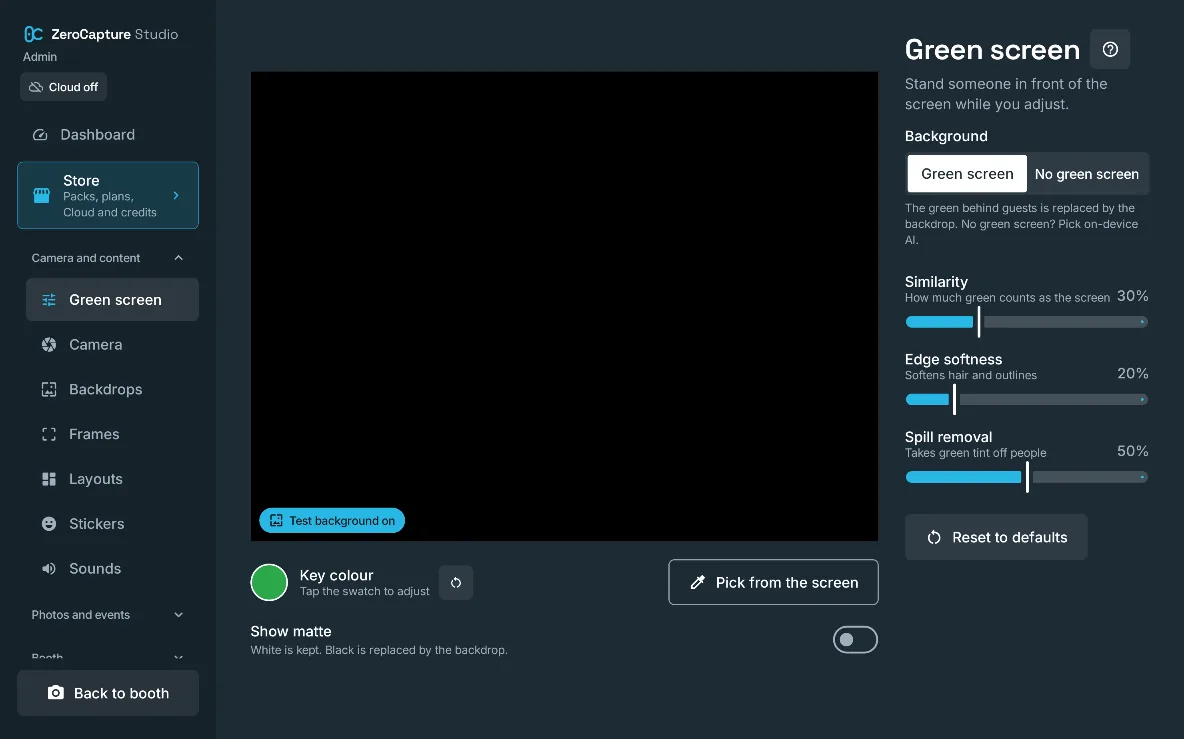 The Green screen section of admin: a preview, Green screen or No green screen, the key colour, Pick from the screen, Show matte and the Similarity, Edge softness and Spill removal sliders, on a large screen in landscape.