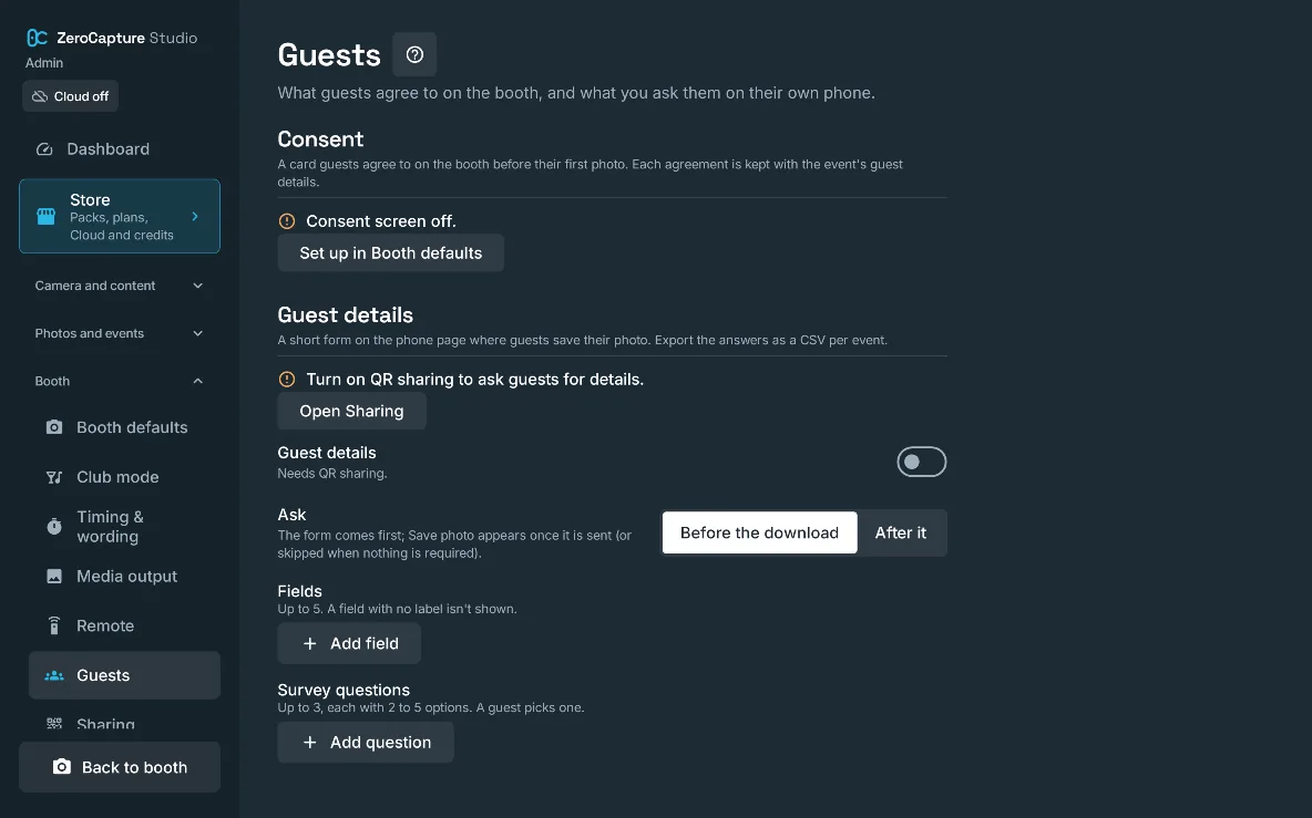 The Guests section of admin: the consent screen, the guest details form with its fields, and survey questions, on a large screen in landscape.