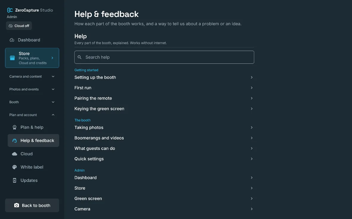 Help & feedback in admin: a search box and help articles grouped under Getting started, The booth and Admin, on a large screen in landscape.