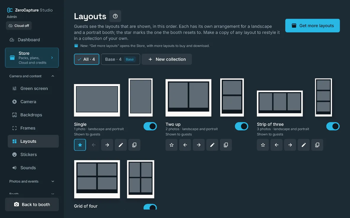 The Layouts section of admin: Single, Two up, Strip of three and Grid of four, each drawn in landscape and portrait, with buttons to reorder, edit and copy them, on a large screen in landscape.