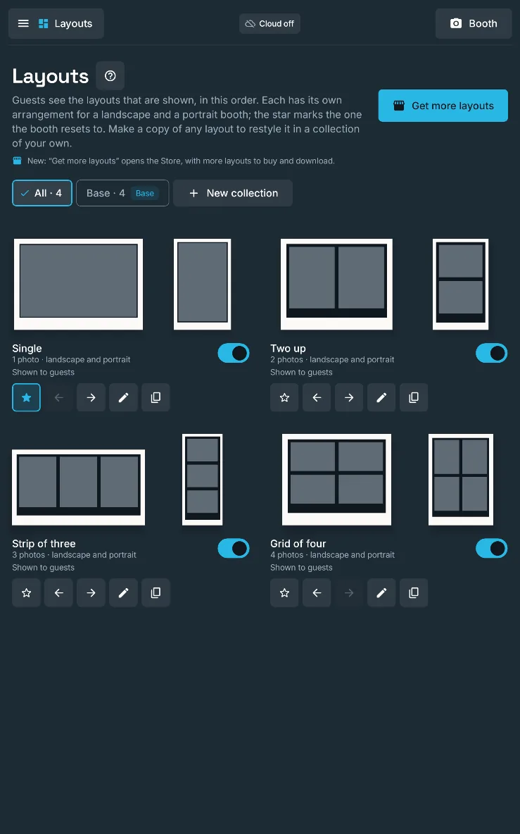 The Layouts section of admin: Single, Two up, Strip of three and Grid of four, each drawn in landscape and portrait, with buttons to reorder, edit and copy them, on a large screen in portrait.