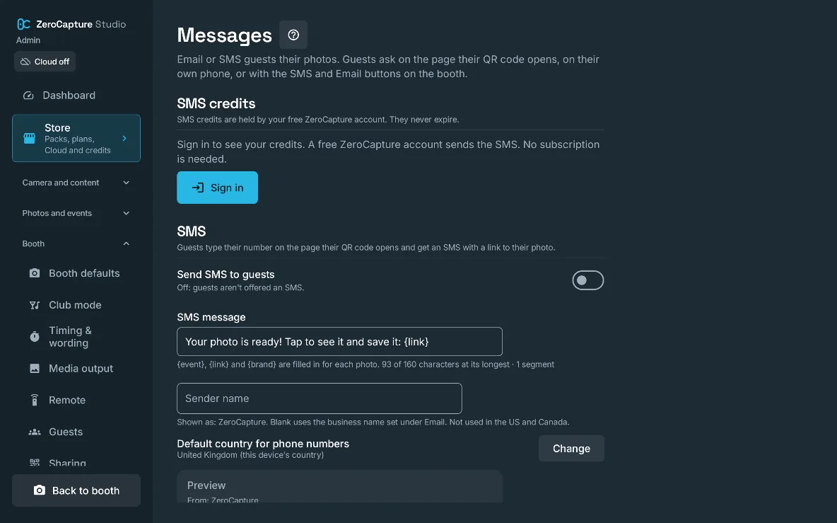 The Messages section of admin: SMS credits, Send SMS to guests, the SMS message template and the sender name, on a large screen in landscape.