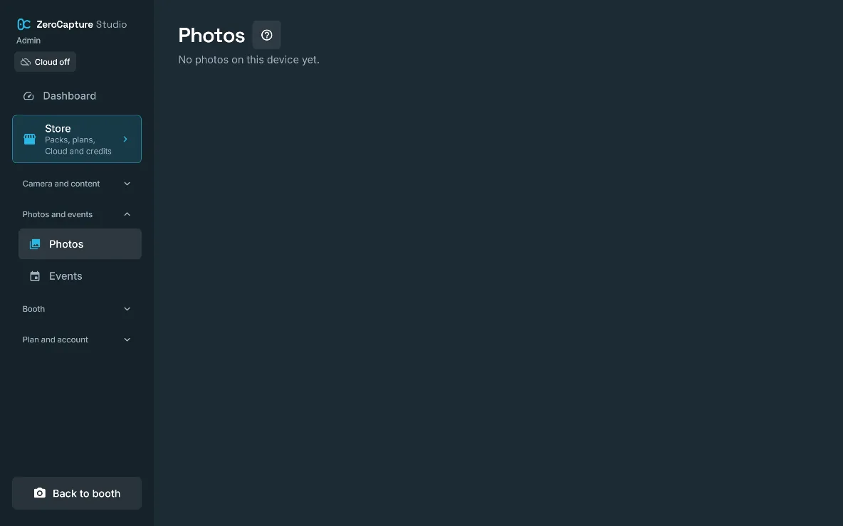 The Photos section of admin, before any photos are taken, on a large screen in landscape.