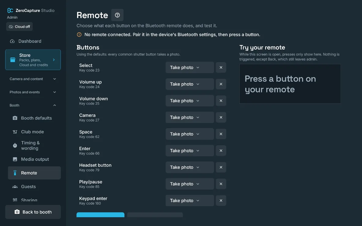 The Remote section of admin: each remote button set to Take photo, and a Try your remote panel that shows each press, on a large screen in landscape.