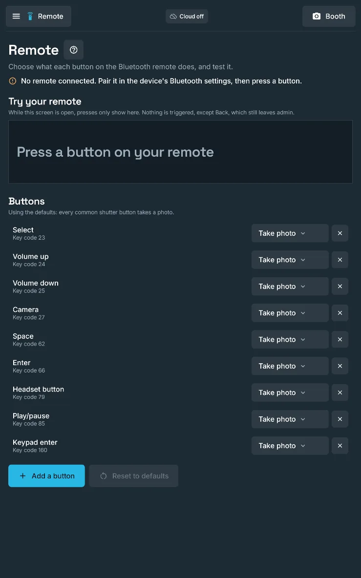 The Remote section of admin: each remote button set to Take photo, and a Try your remote panel that shows each press, on a large screen in portrait.