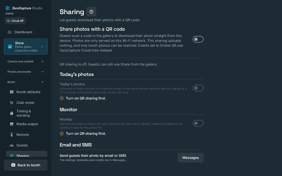 The Sharing section of admin: QR sharing, Today’s photos for a second screen, Monitor, and email and SMS, on a large screen in landscape.