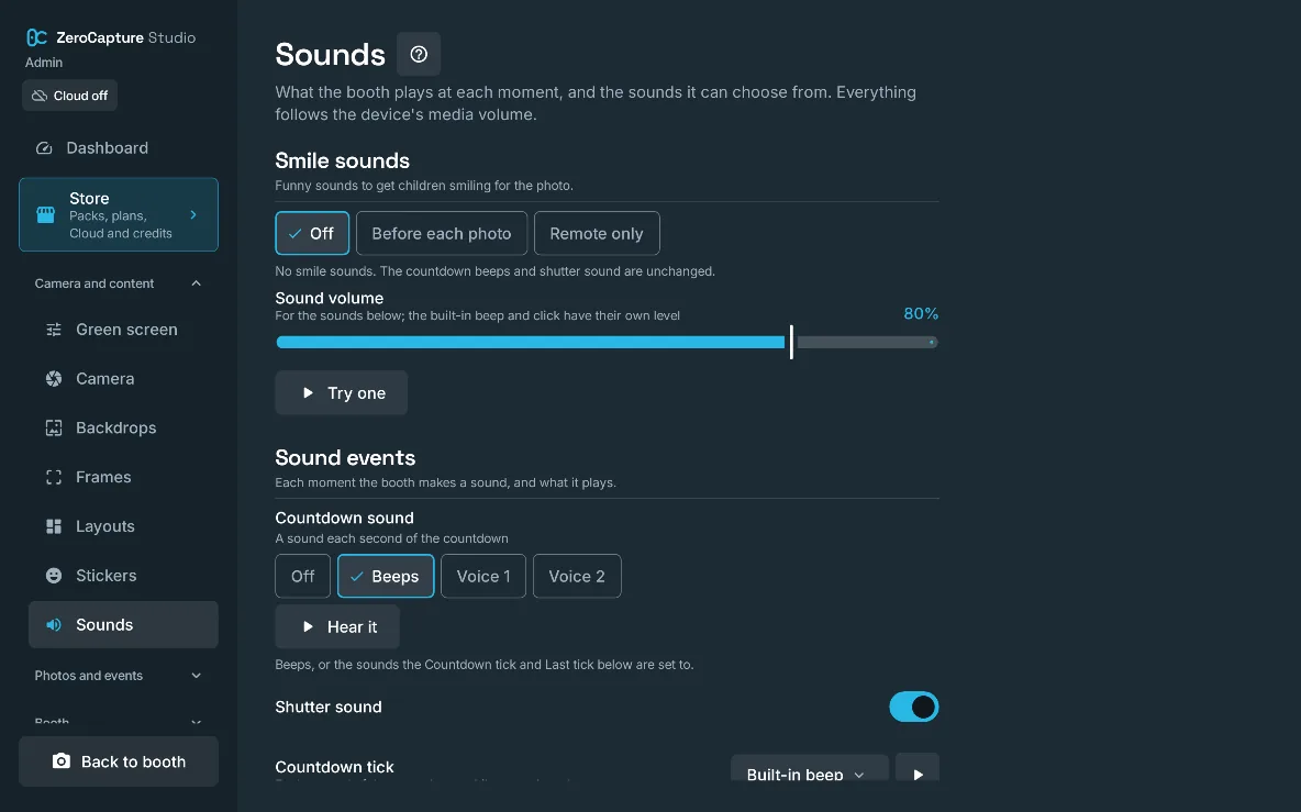 The Sounds section of admin: smile sounds before each photo or on the remote, the sound volume, and the countdown sound as beeps or a voice, on a large screen in landscape.