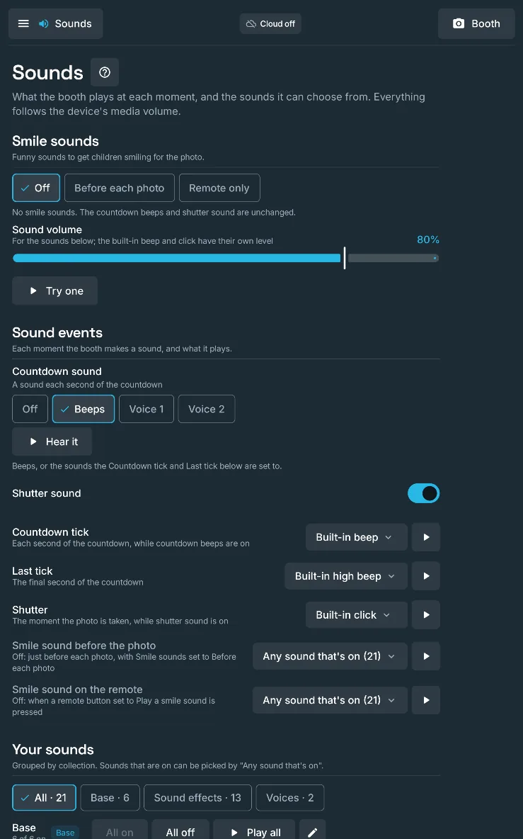 The Sounds section of admin: smile sounds before each photo or on the remote, the sound volume, and the countdown sound as beeps or a voice, on a large screen in portrait.