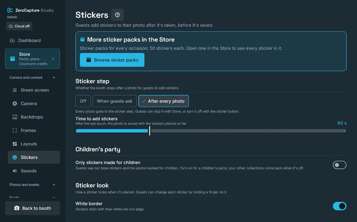 The Stickers section of admin: sticker packs in the Store, when guests add stickers, the time they get, and the sticker look, on a large screen in landscape.