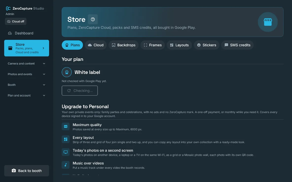 The Store in admin, with tabs for Plans, Cloud, Backdrops, Frames, Layouts, Stickers and SMS credits, and what upgrading to Personal adds, on a large screen in landscape.
