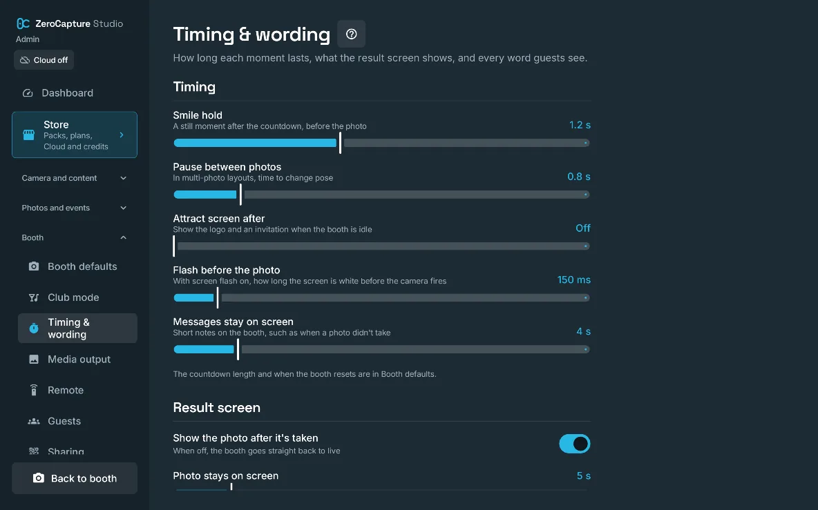 Timing & wording in admin: the smile hold, the pause between photos, the attract screen, the screen flash and the result screen, on a large screen in landscape.