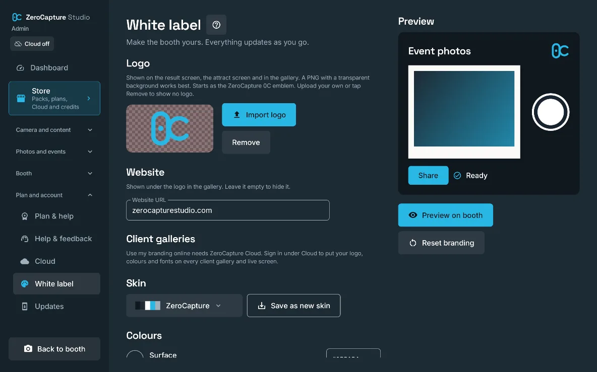 The White label section of admin: your logo, website, skin and colours, with a live preview of the guest gallery, on a large screen in landscape.