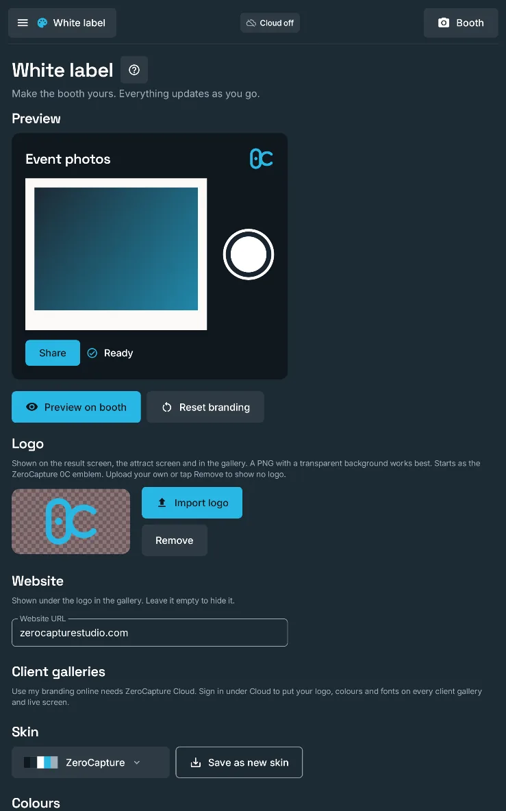 The White label section of admin: your logo, website, skin and colours, with a live preview of the guest gallery, on a large screen in portrait.