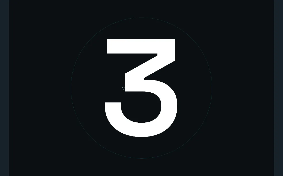 A large 3 in the countdown ring, filling the booth screen, on a large screen in landscape.