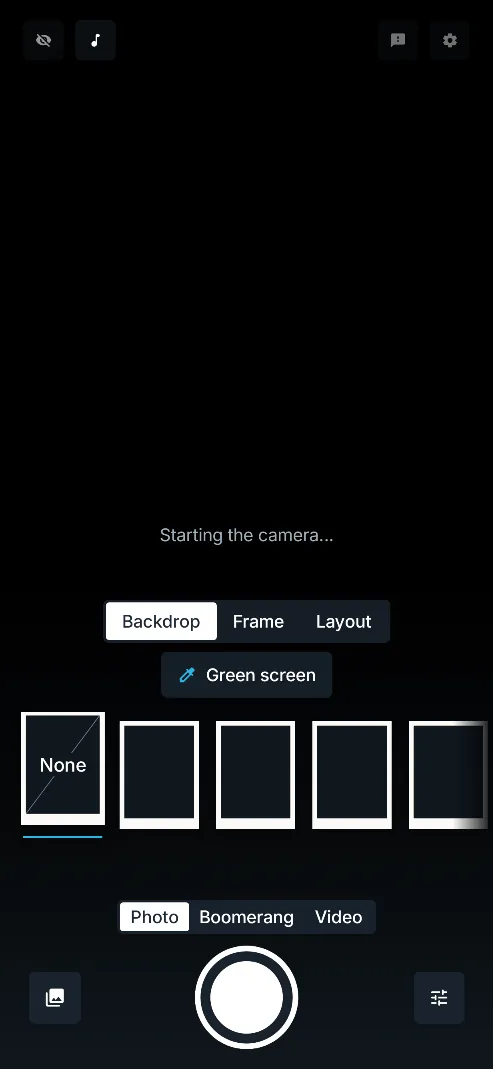 The booth screen held upright as the camera starts: the backdrop tray, the Photo, Boomerang and Video switch above the shutter, and the gallery and quick settings buttons, on a phone.