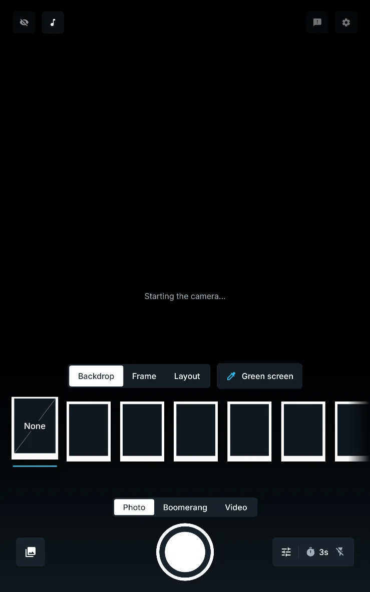 The booth screen held upright as the camera starts: the backdrop tray, the Photo, Boomerang and Video switch, and the shutter between the gallery and quick settings buttons, on a large screen in portrait.