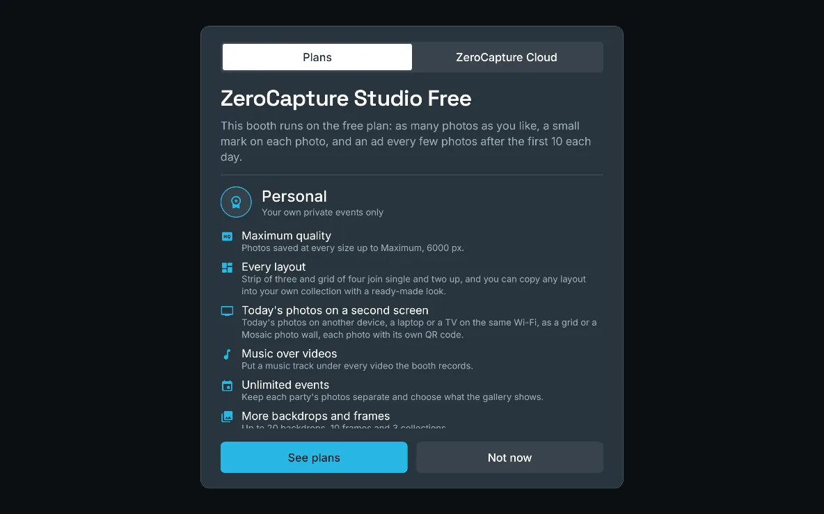 The plans card on Free: what Personal adds, with See plans and Not now, on a large screen in landscape.