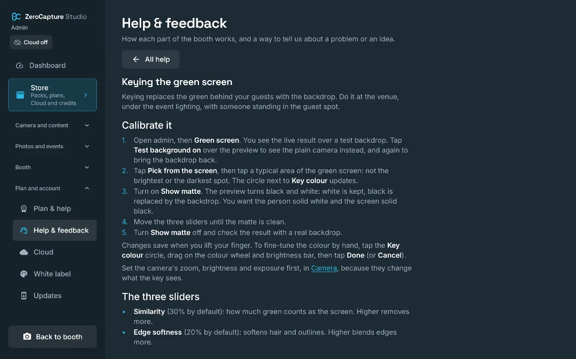 A help article in the app, Keying the green screen, with the steps to calibrate the key, on a large screen in landscape.