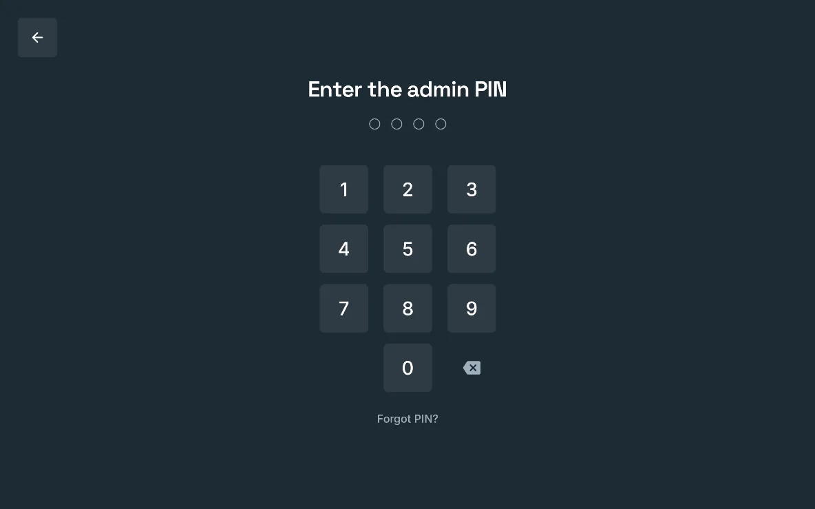 The admin PIN pad, “Enter the admin PIN”, with Forgot PIN?, on a large screen in landscape.