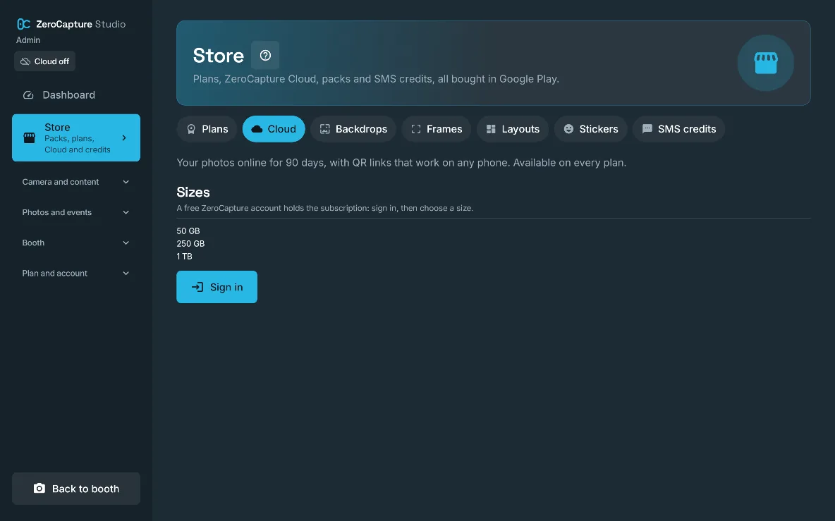 The Cloud tab of the Store: what Cloud does, the storage sizes and Sign in, on a large screen in landscape.