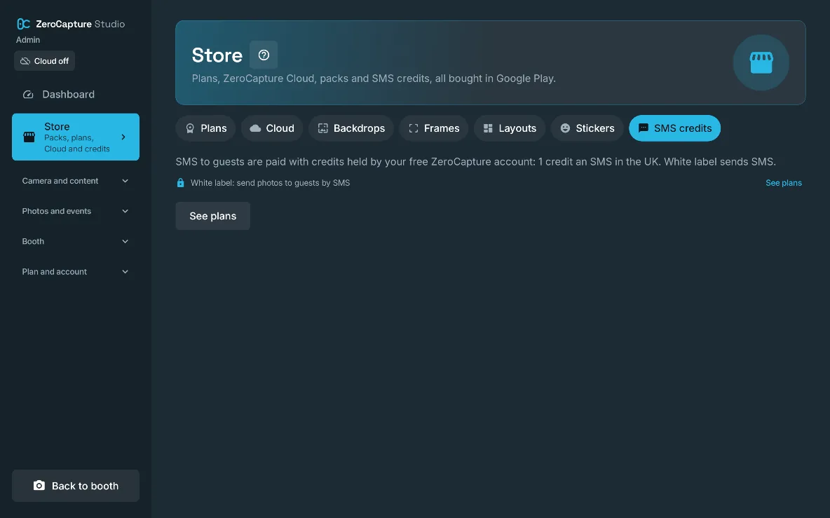 The SMS credits tab of the Store, on a large screen in landscape.