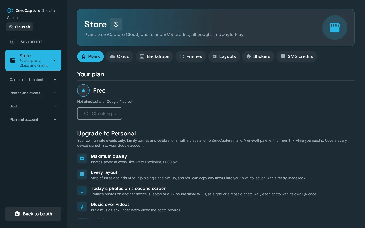 The Plans tab of the Store: your plan and what upgrading to Personal adds, on a large screen in landscape.