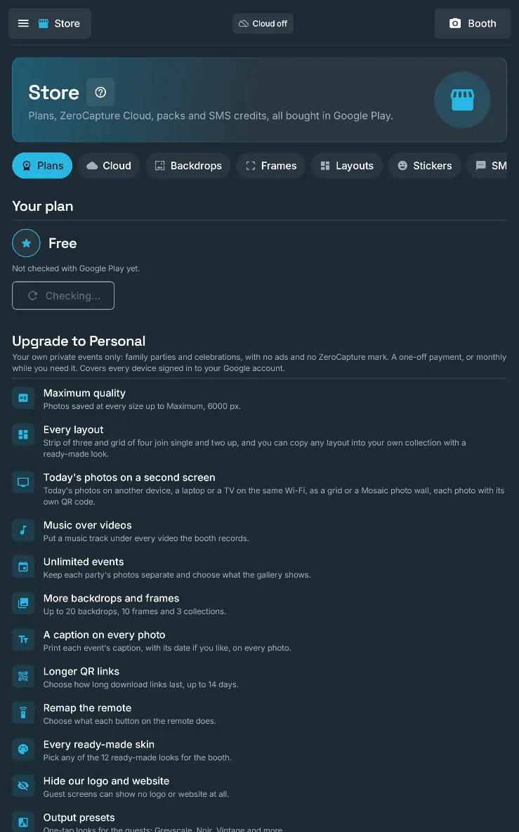 The Plans tab of the Store: your plan and what upgrading to Personal adds, on a large screen in portrait.