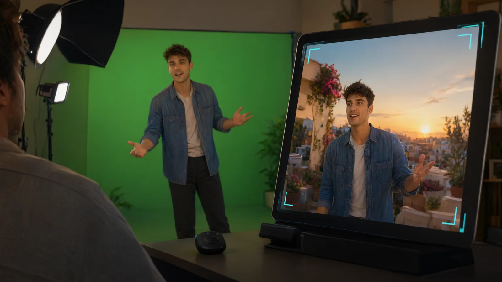 A presenter in front of a green screen, already composited onto a sunset rooftop on the device's live preview