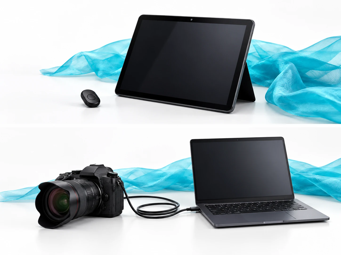 Above, a device on a stand with a small Bluetooth remote. Below, the usual rig: a DSLR cabled to a laptop.