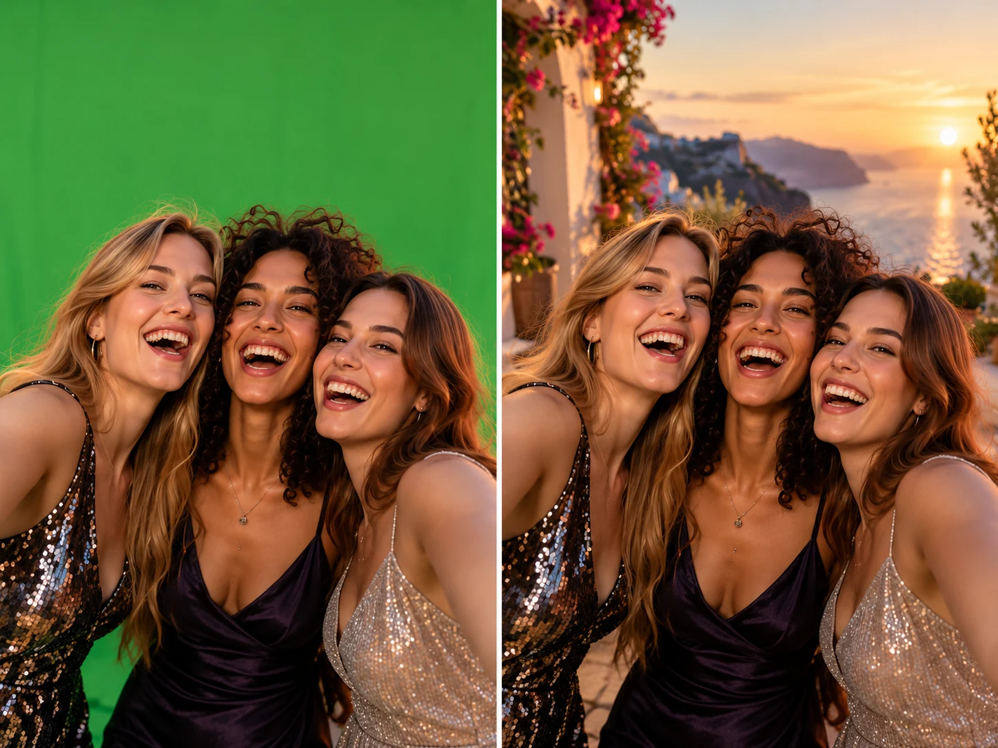 Three friends photographed in front of a green screen, and the same photo keyed onto a sunset terrace