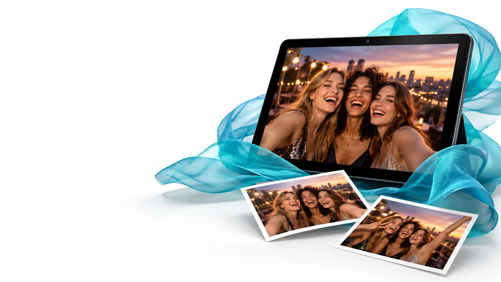 A device showing three friends at a rooftop party at dusk, with two copies of the photo in front of it